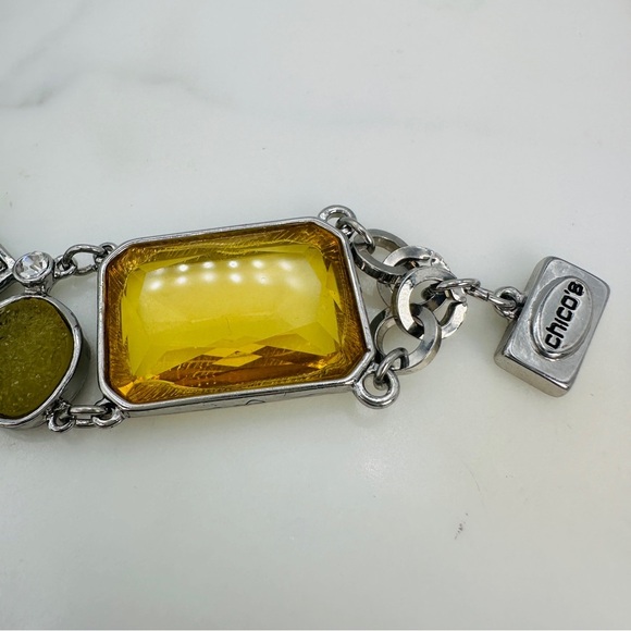 Chico’s Yellow Glass Stone Silver Tone Link Bracelet 7” Statement Jewelry - Picture 7 of 8